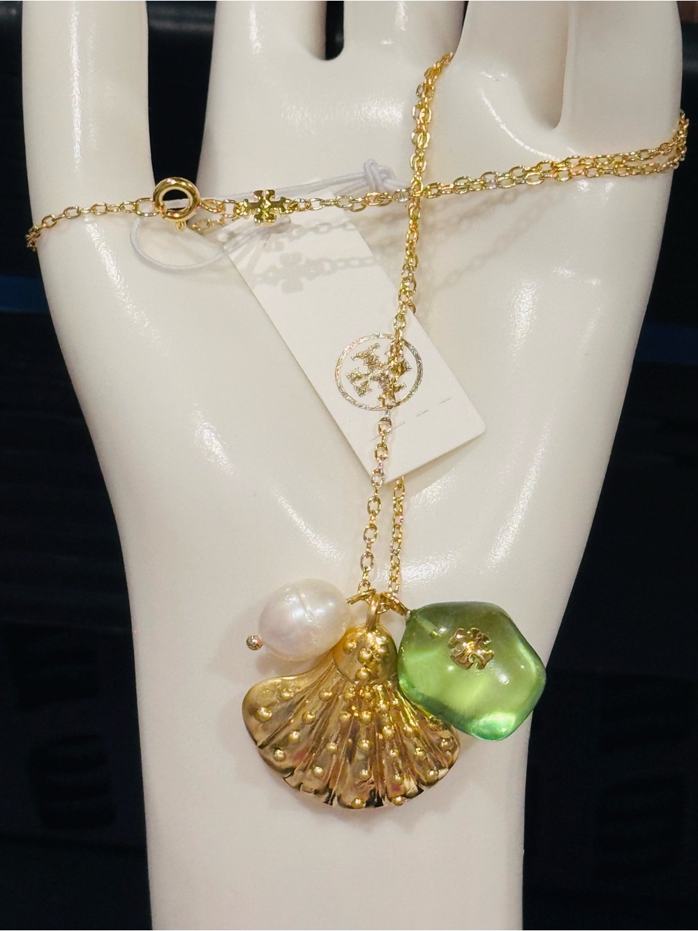NWT Tory Burch Gold Shell Charm Necklace Mint Green Stone & Freshwater Pearl